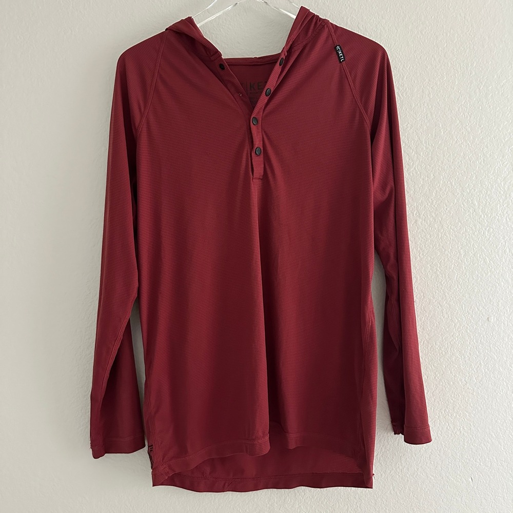KETL Mountain Apparel Henley Hoodie Shirt L Red Grid Texture Missing Snap Btn